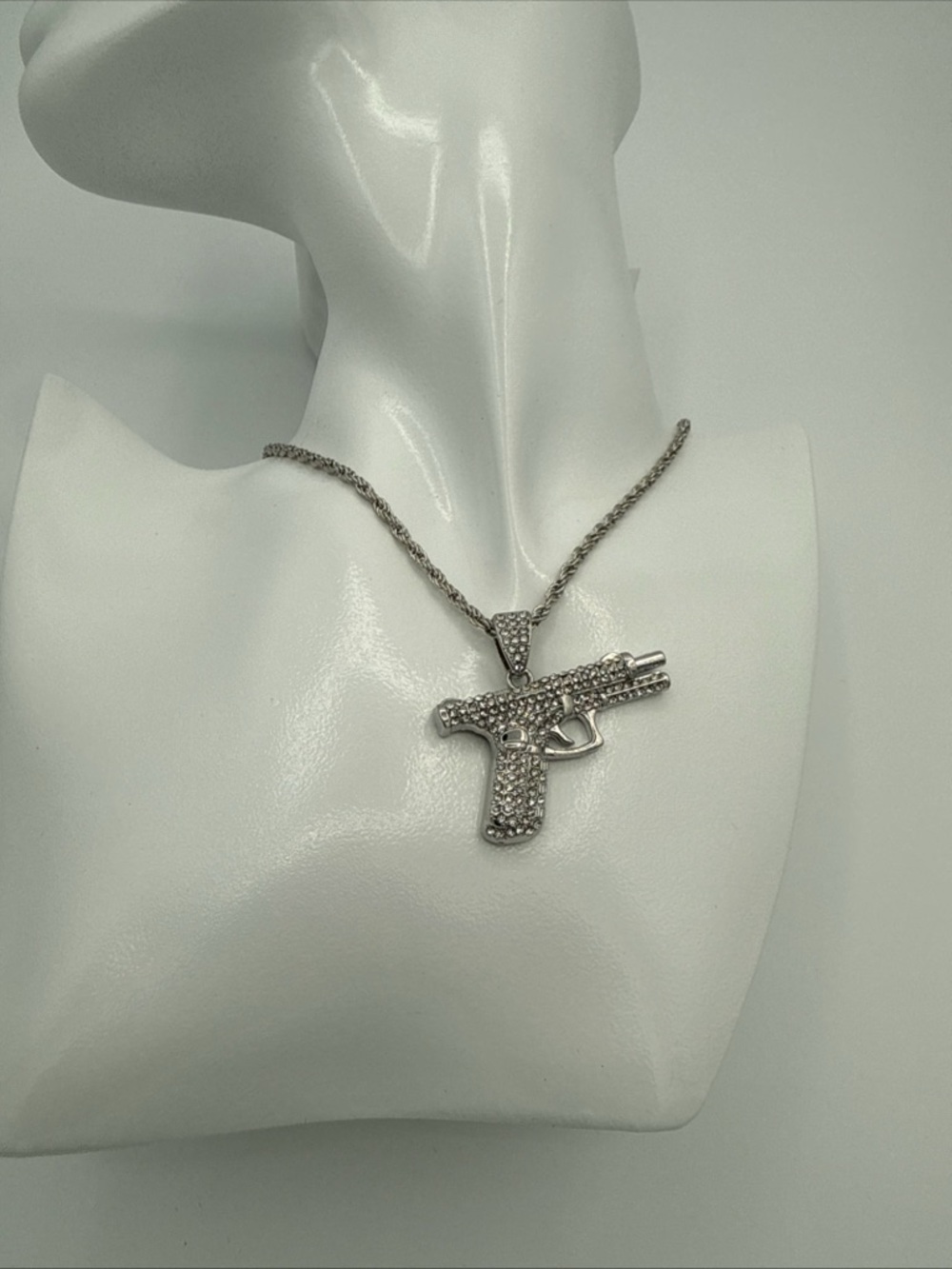 Source Unknown Silver Gun Pendant Necklace with Crystal Accents
